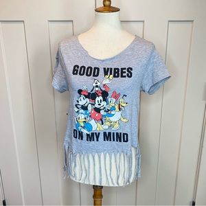 Custom distressed one of a kind Disney and Frienda gray fringe shirt size small